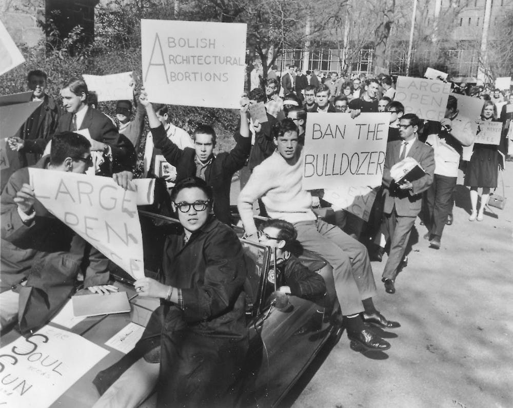 Penn students protest the construction of Meyerson Hall on campus. These protests were one of the many free speech cases that the University has dealt with in its history. Other instances include the “water buffalo” incident, race-based protests and, more recently, Occupy protests. Photo courtesy of The Daily Pennsylvanian.